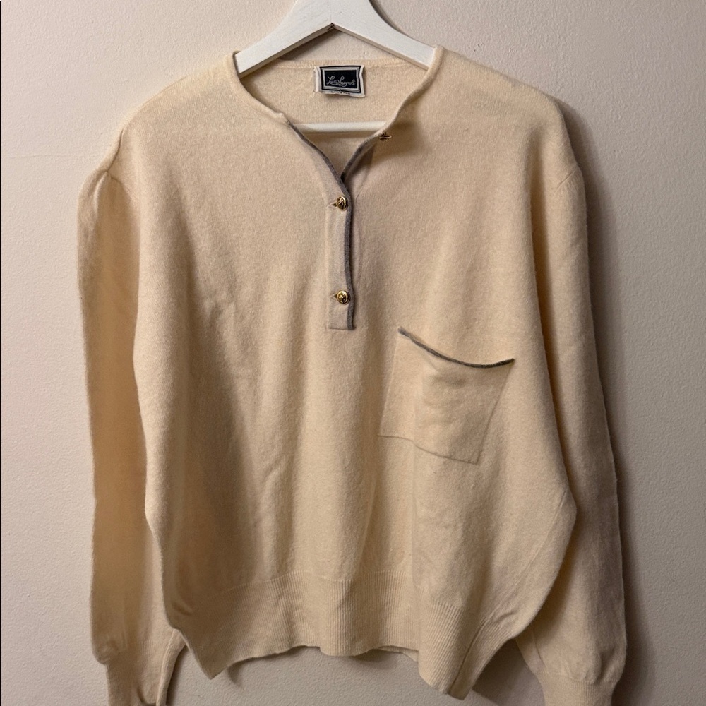 Luisa Spagnoli Cream Scoop-Neck Henley Sweater with Taupe Trim